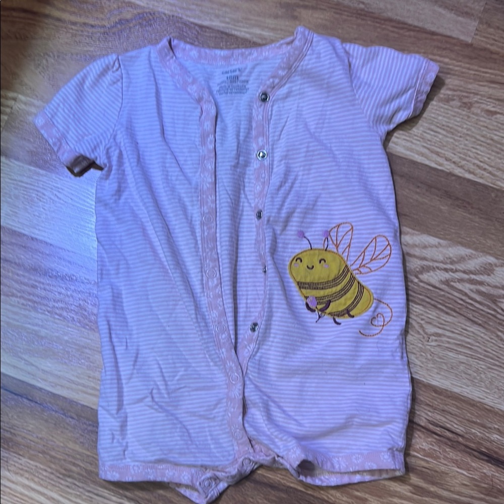 Pink Striped Baby Romper with Bee Design